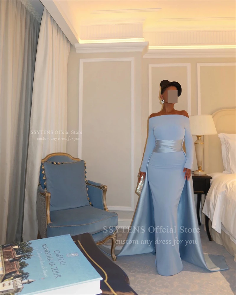 SSYTENS Blue Boat Neck Dubai Evening Dresses Floor Length Customized Prom Gowns Saudi Long Formal Occasion Dresses for Women