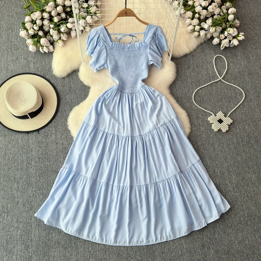 Robe plissée Vintage pour femmes, élégante, col carré, manches courtes, taille haute, drapée, nouvelle mode, été 2024