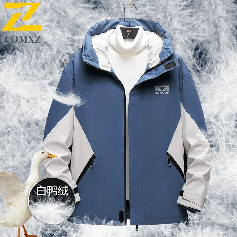 

COMXZ Мужской пуховик в стиле пэчворк, парка для приключений на открытом воздухе, защита от холода, классическая ветрозащитная куртка с капюшоном, легкий пух с наполнителем