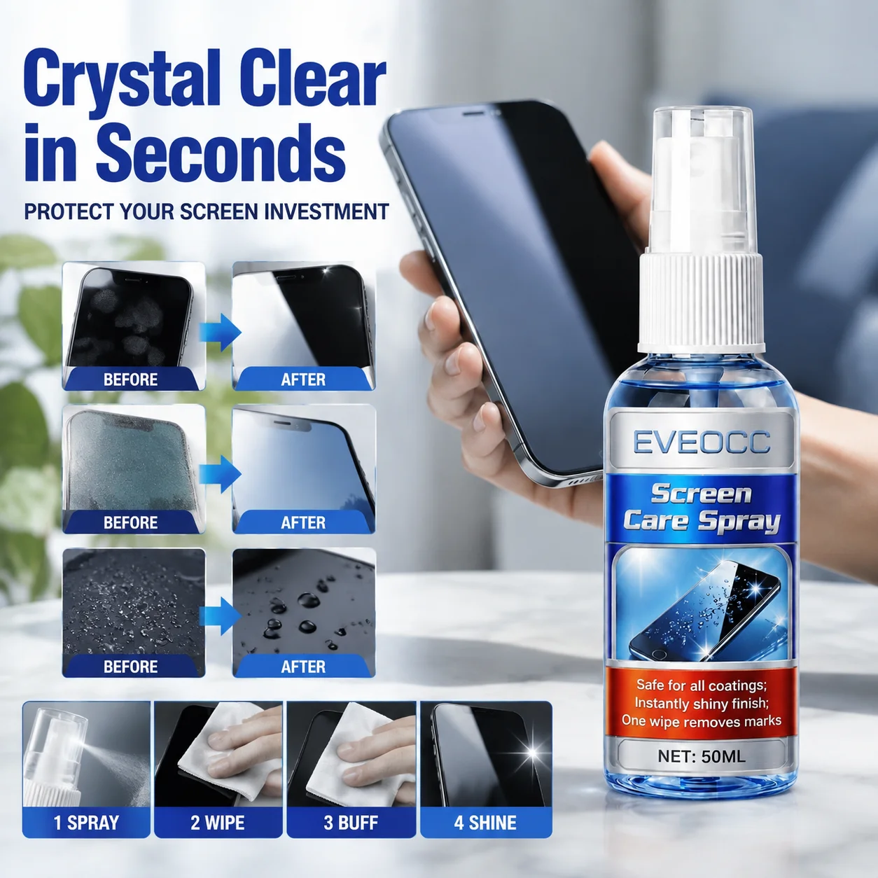 Portable Screen Care Spray 50ml, Gentle Screen Cleaning Liquid Safe for All Screen Coatings Phone Laptop TV Monitor