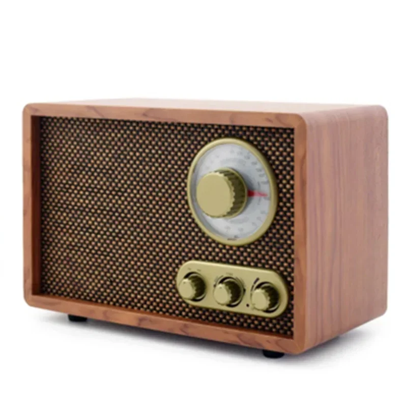 Solid-state home Bluetooth radio; retro-style desktop FM/AM dual-band audio system with a vintage wood-look finish.