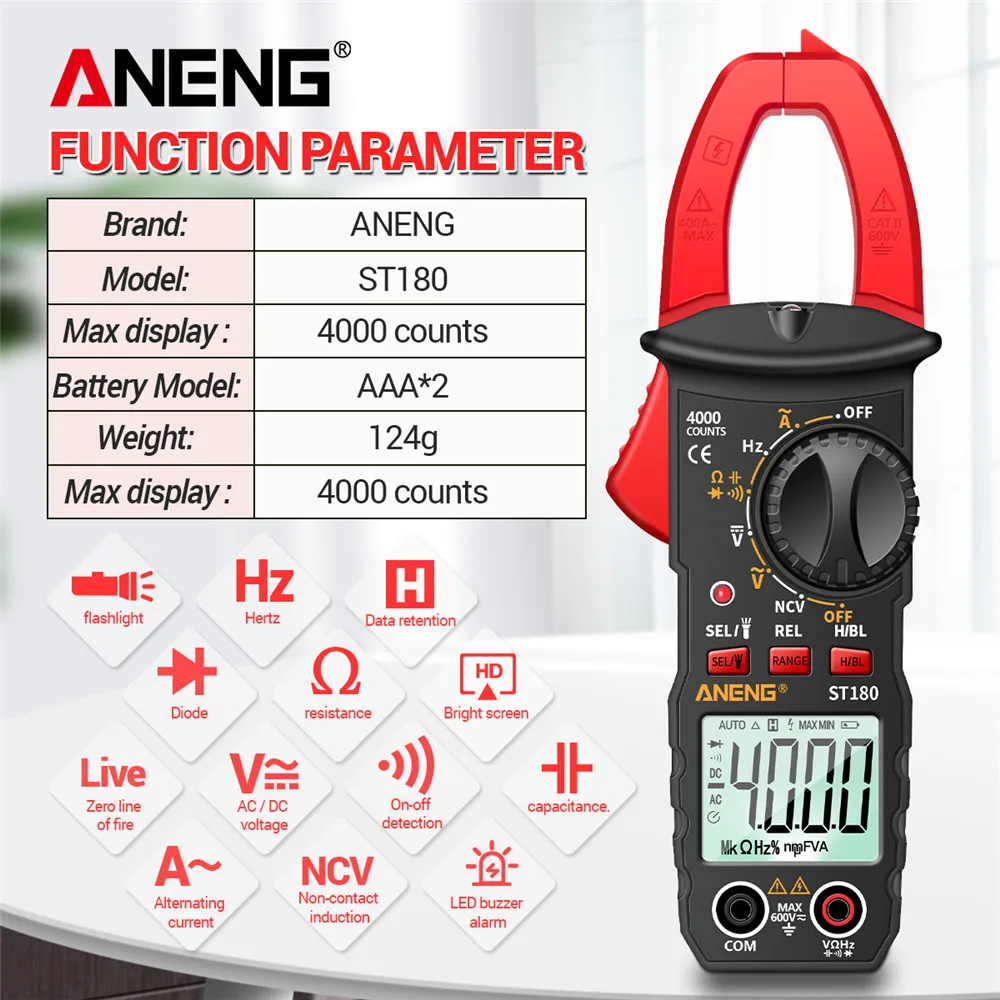 ANENG ST180 4000 Counts Digital Clamp Meter AC Current Multimeter Ammeter Voltage Tester Car Amp Hz Capacitance NCV Ohm Tool