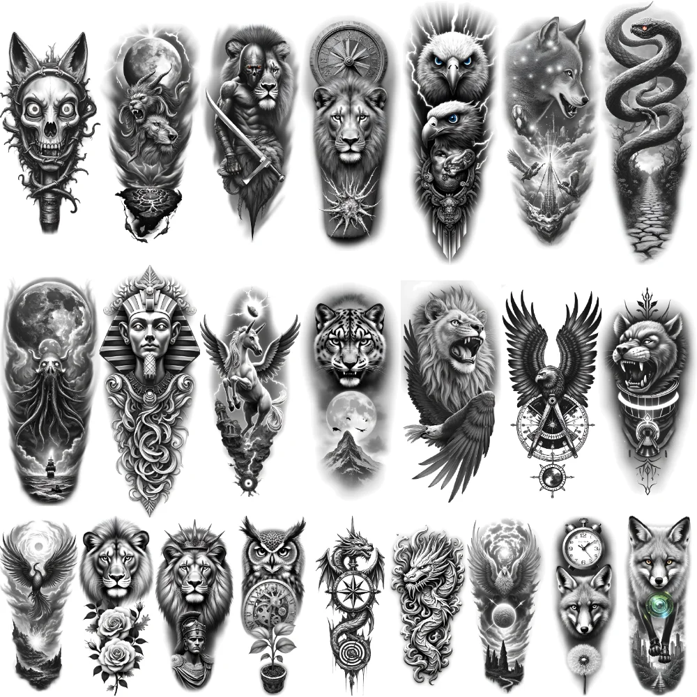 

12pcs Temporary Tattoo Black And Grey Realism Wings Dragon Leopard For Thigh Adult Arm