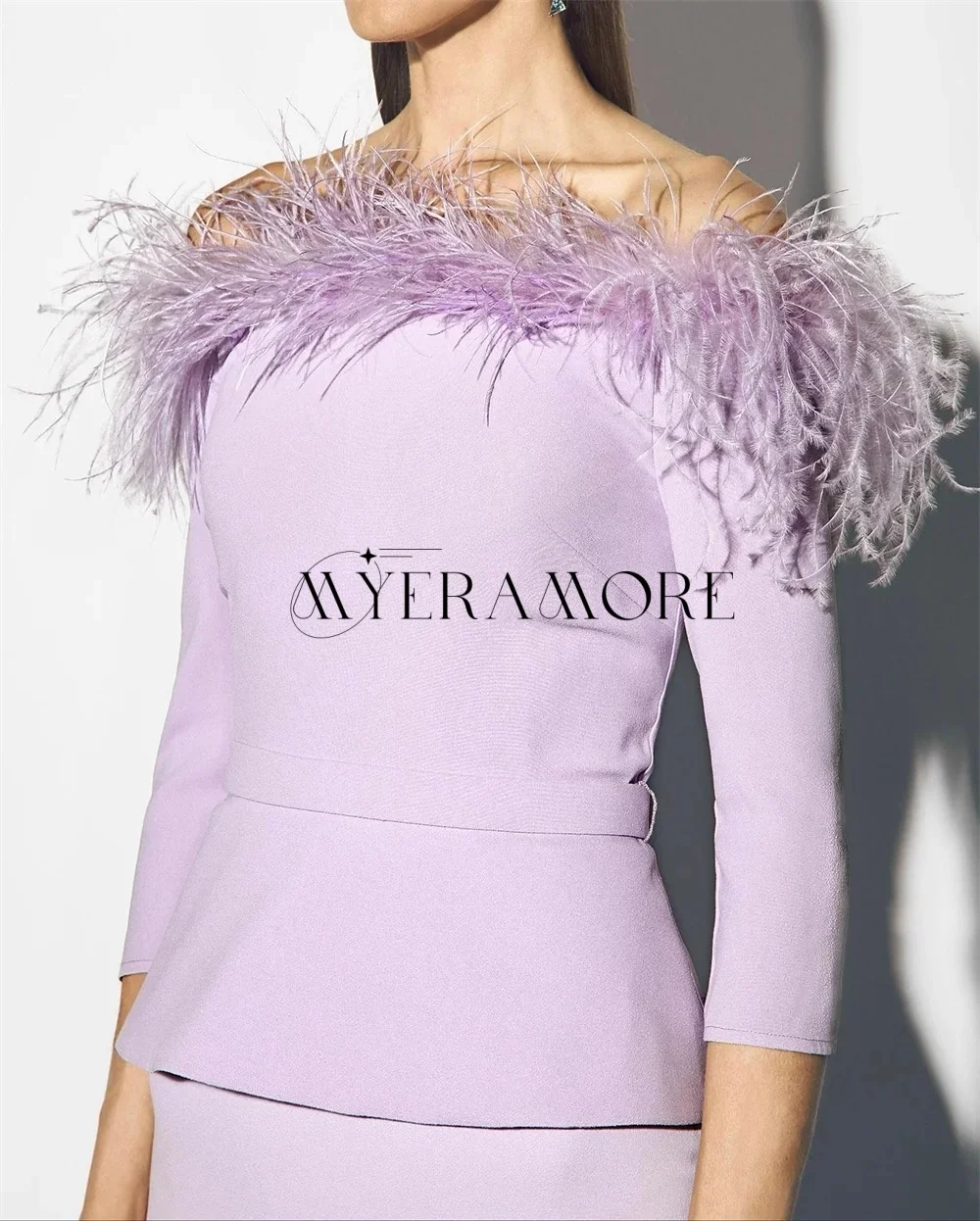 فساتين سهرة أرجوانية رائعة قبالة الكتف 3/4 كم حورية البحر ريشة فساتين حفلة موسيقية مخصصة فساتين السهرة