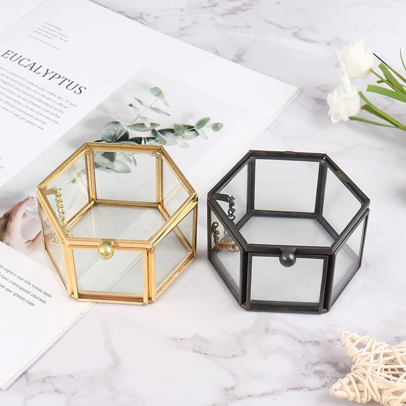 

1PC Creative Empty Geometrical Glass Jewelry Box Jewelry Organize Holder Ring Box Gold Black Color Jewelry Storage Wedding Gift