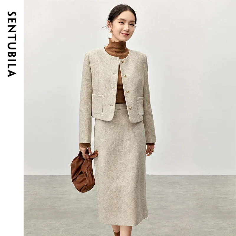 

SENTUBILA French Style Skirt Sets Women 2025 Wool Blend Tweed Cropped Padded Jackets Elastic Waist Skirt 2 Piece Sets 144Z57243