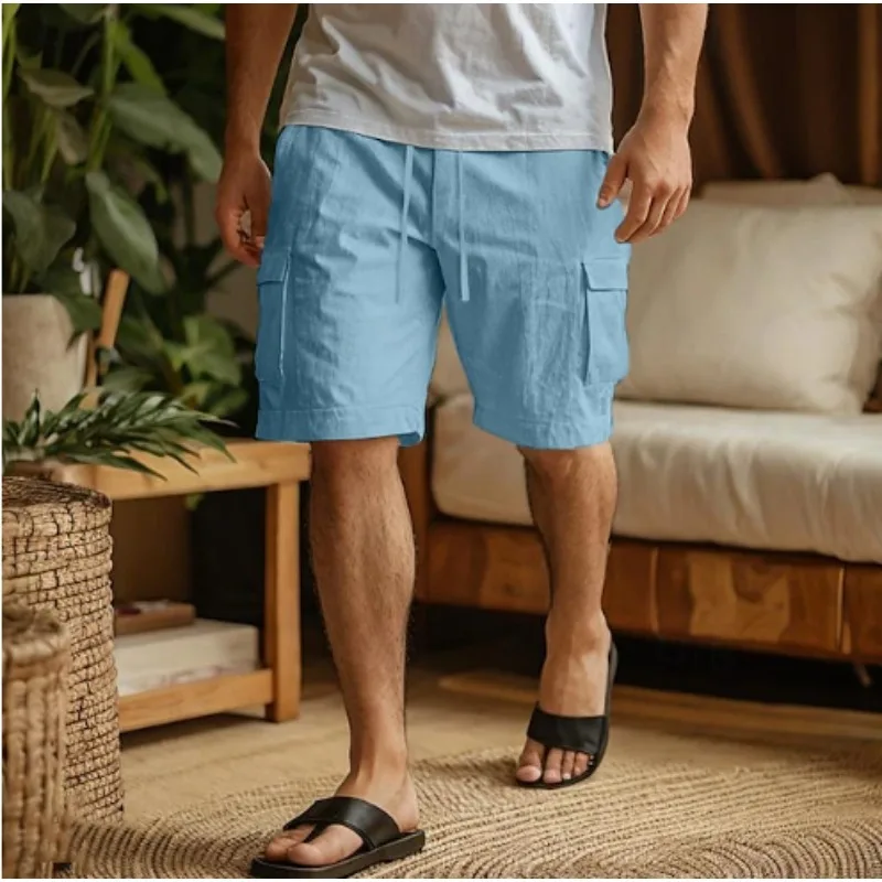 New linen tooling shorts drawstring elastic waist straight legs solid color breathable daily beach five-point casual pants