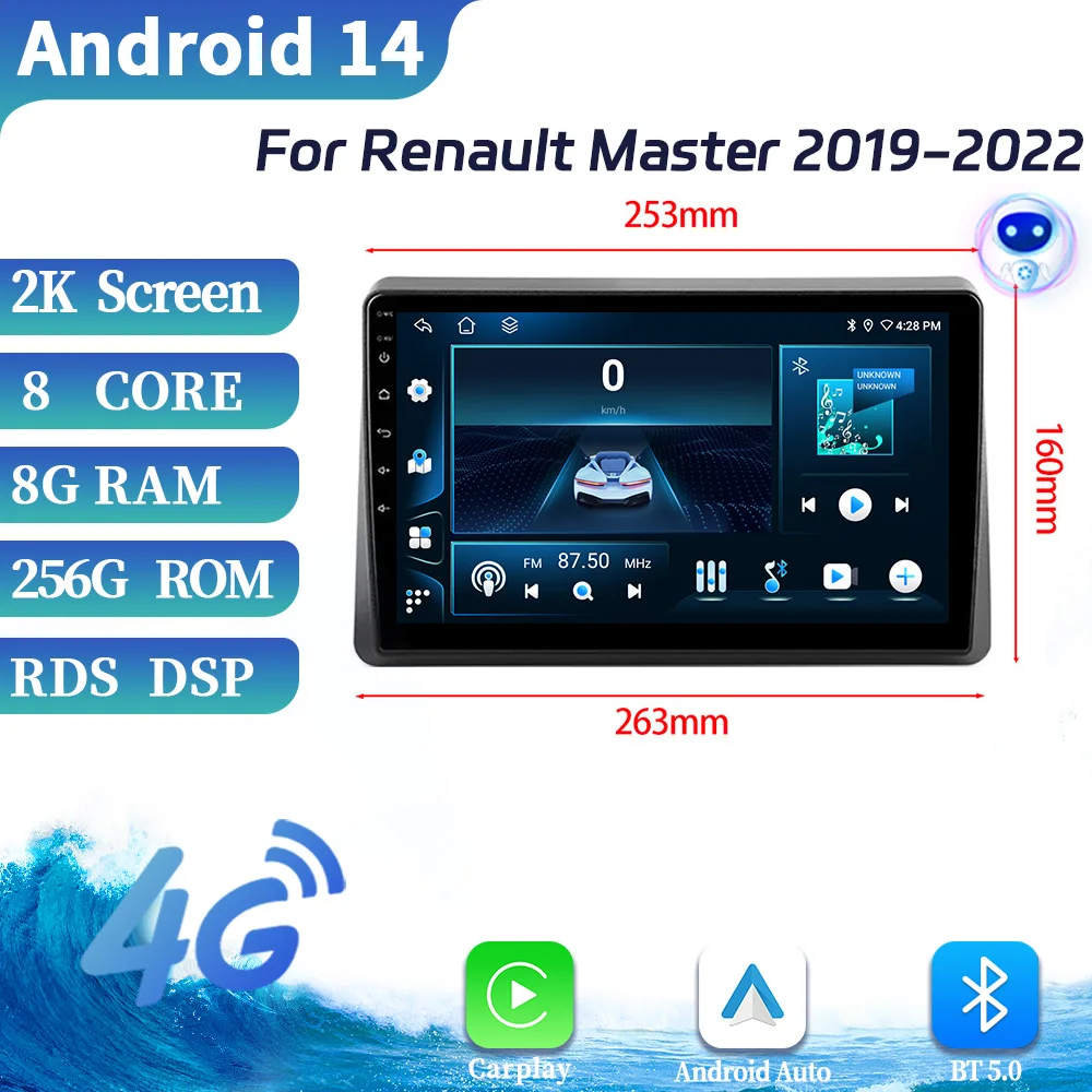 안드로이드 오토, 르노 마스터 2019-2022, 4G GPS 와이파이, 무선 애플 블루투스 카플레이, 자동차 라디오 멀티미디어, 터치 스크린 스테레오