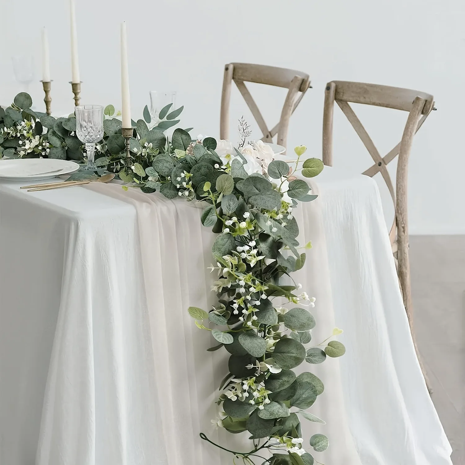 1pc Artificial Eucalyptus Leaves Greenery Garland Fake Plant Vine with White Flowers Berries for Home Garden Wedding Party Decor image 3