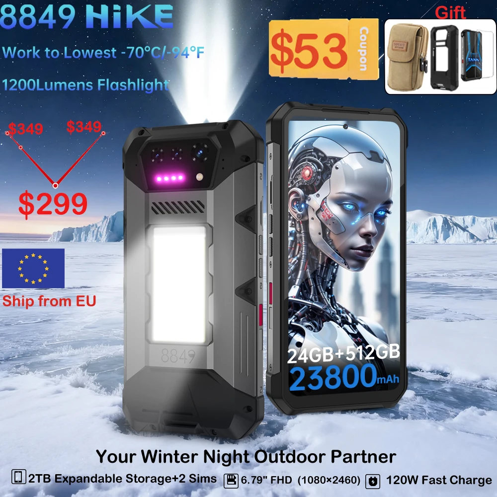 8849 Hike Unihertz Rugged Smartphone 23800mAh 24GB+512GB Expandable 2TB 1200Lumen Flashlight Android14 Two Speakers 6.79'' 120Hz