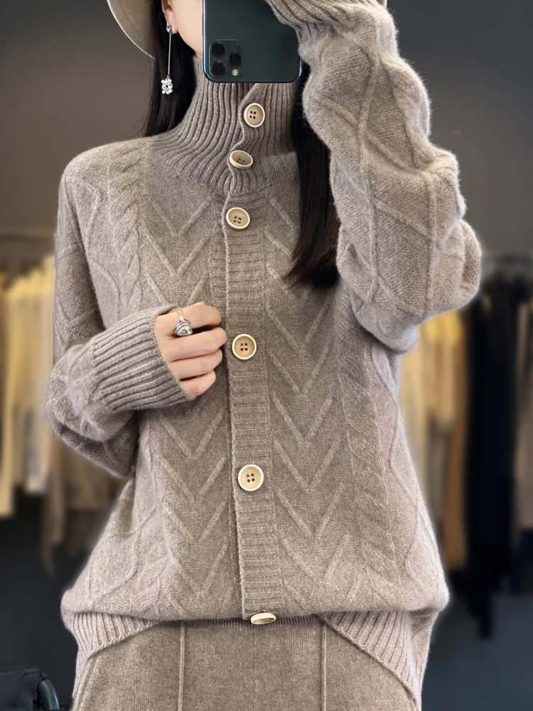 

Новый модный женский свитер из 100% мериносовой шерсти, осенне-зимний вязаный кардиган, водолазка, верхняя одежда, женские топы, одежда с длинными рукавами