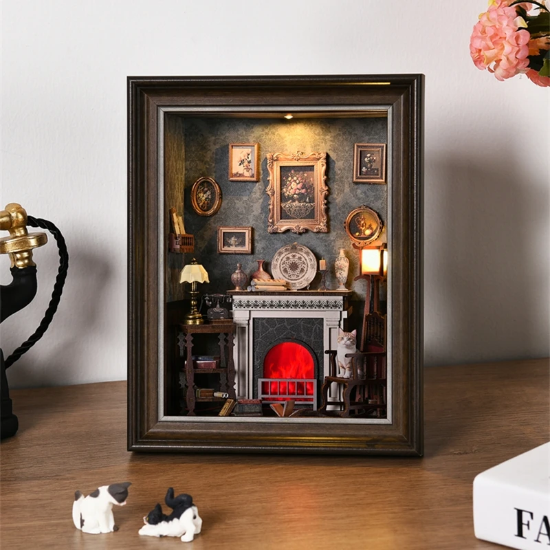 Boekhoekje Kit Open haard DIY 3D Houten Puzzel Fotolijst Ornament Boekenplank Poppenhuis Model Boekensteun Gebouw Woondecoratie