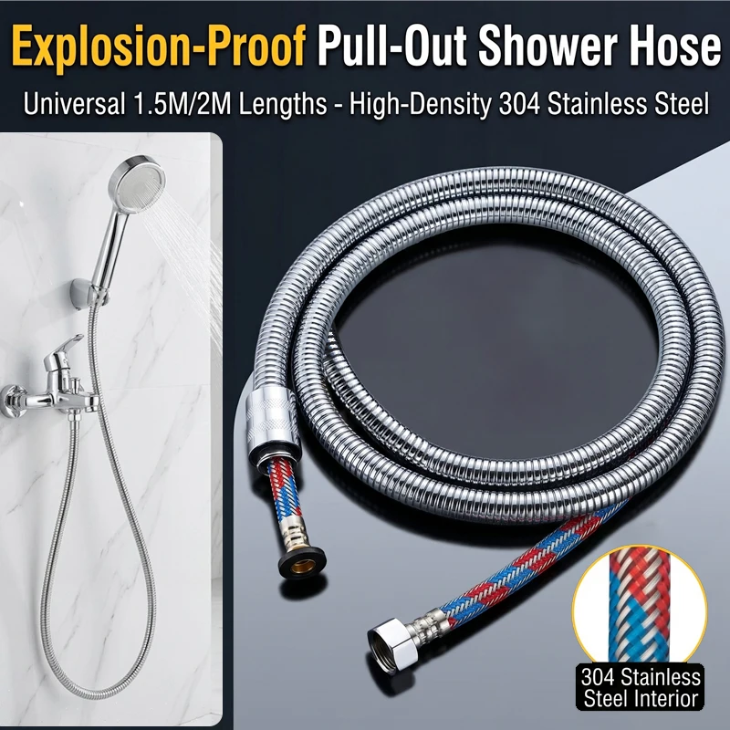 G1/2 Stainless Steel Shower Hose 1.5M/2M Flexible Braided Anti-Explosion Water Pipe Universal Bathroom Handheld Spray Head Tube