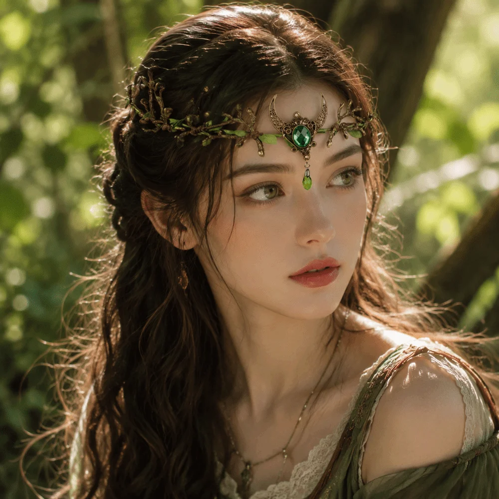 Moon Flower Elven Crown Green Gemstone Vintage Bridal Forehead Chain Renaissance Gemstone Branch Leaf Headpiece Cosplay Events