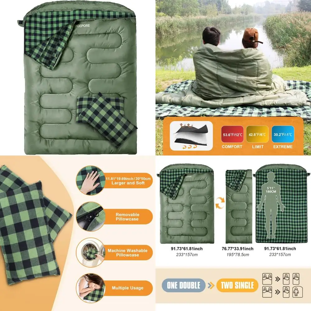 

XXL Фланелевой спальный мешок для двух человек для взрослых — размер Queen для кемпинга с комфортом двух подушек