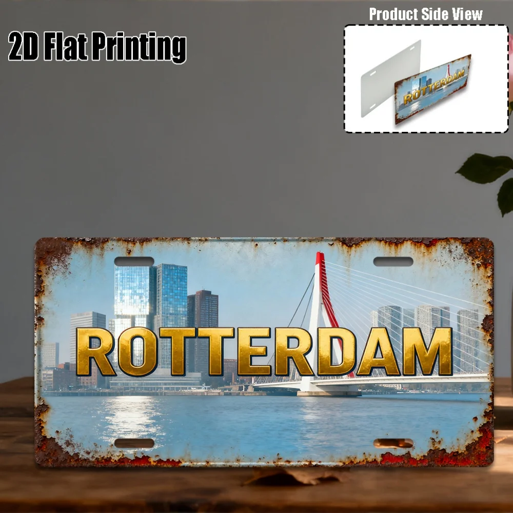 2D Flat - License Plate Cover And Frame, 2D Flat Design for Decorative Purposes Only, One Rotterdam Netherlands License Plate Si