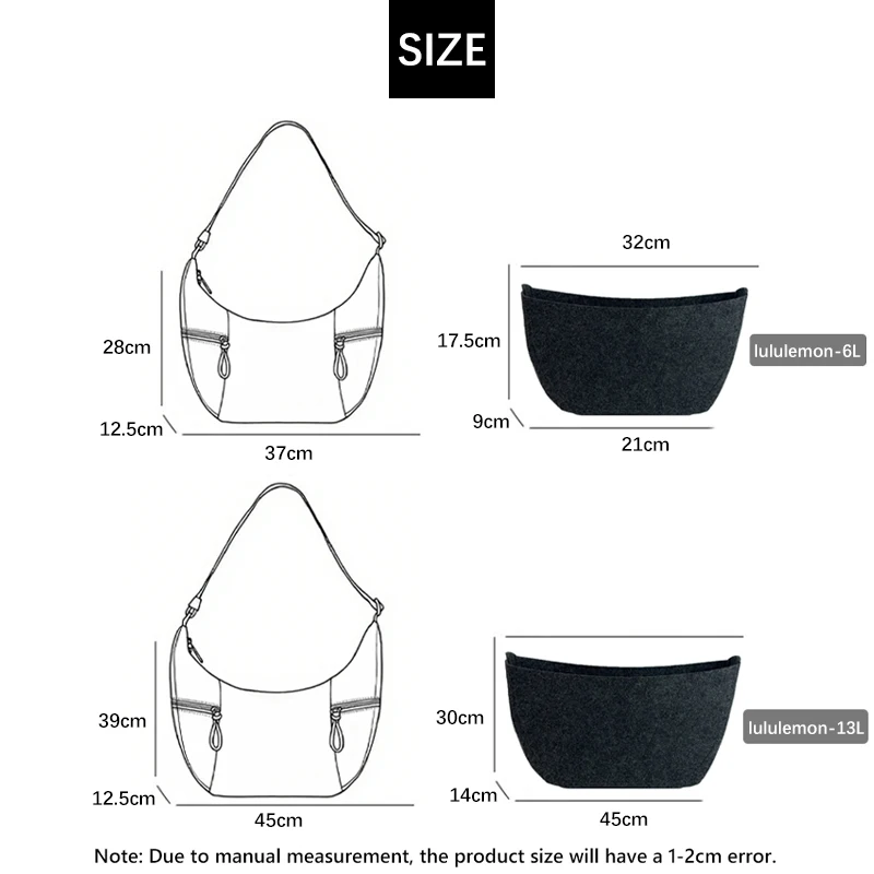EverToner Felt Insert Bag For lulu-lemon Slouchy Sling Bag Multi-Pocket Cosmetic Support Inner Organizer Accessories