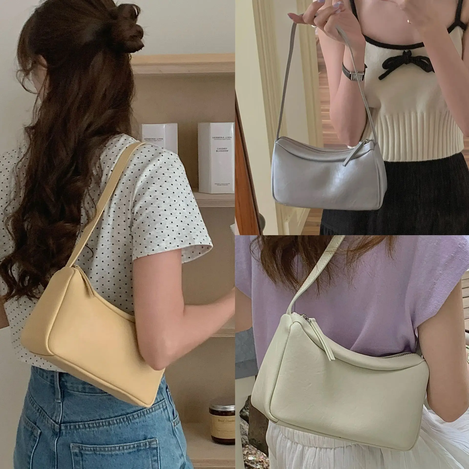 

Simple Armpit Bag Genuine Leather Soft Sheepskin Tote Small Square Bag Zipper Shoulder Bags Handbag Strap