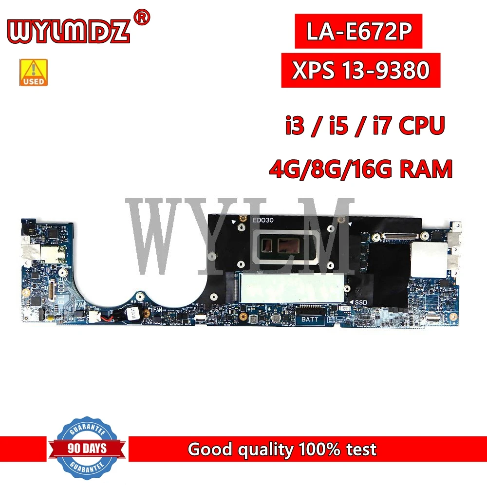 LA-E672P i3 / i5 / i7 CPU 4G/8G/16G RAM Mainboard For Dell XPS 13 9380 Laptop Motherboard 100% Tested Working Well