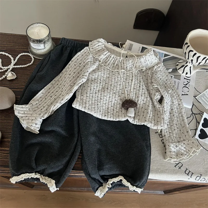 2025 Spring Autumn Kids Girls 2PCS Clothes Set Cotton Floral Ruffle Tops Lace Loose Pants Suit Children Baby Girls Outfits