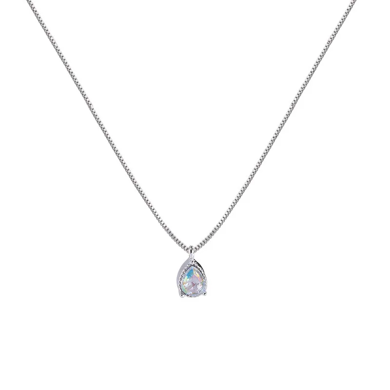 Dainty Teardrop Iridescent Zircon Silver Pendant Necklace for Women, Tiny Rainbow Pear Crystal Box Chain Choker, Minimalist Delicate Daily Jewelry, Romantic Birthday Anniversary Gift for Teen Girls - view 2