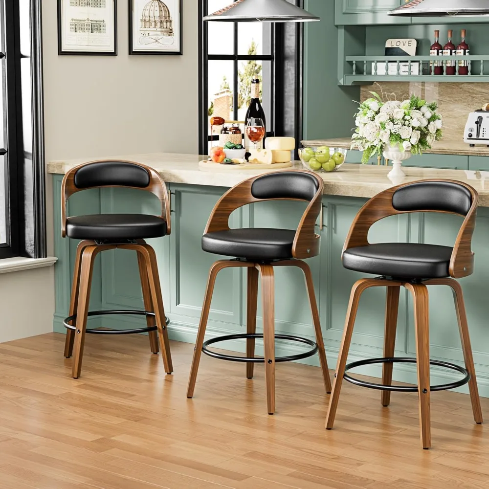 

Bar Stools Set of 3, 26" Counter Height Barstools with Bentwood Legs, Swivel Counter Stools with Back, Mid Century Modern Faux L