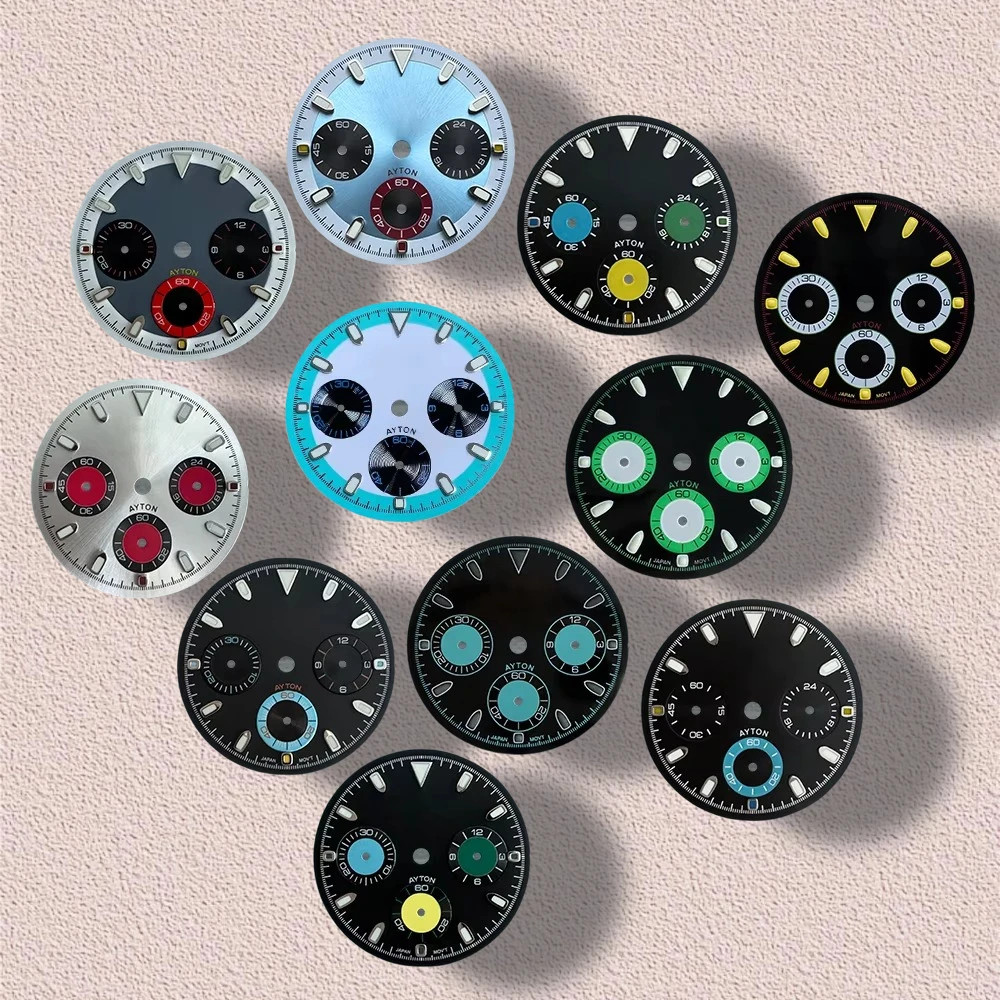 

29.5mm S Logo panda Colorful DTN Three Ey Dial Fit VK63 Movement Green Luminous High-Quality Dial Watch Modification Accessories