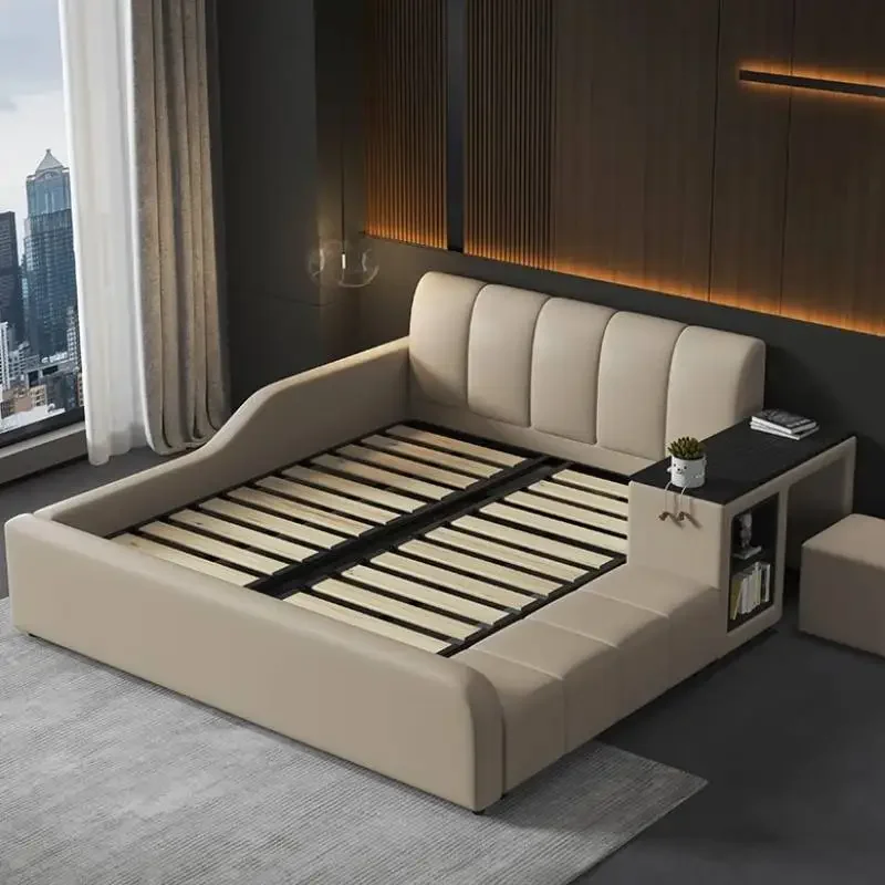 Master Storage High End Double Bed Bedrooms Unique Cute Modern Queen Twin Bed Frame Genuine Leather Cama De Casal Room Furniture