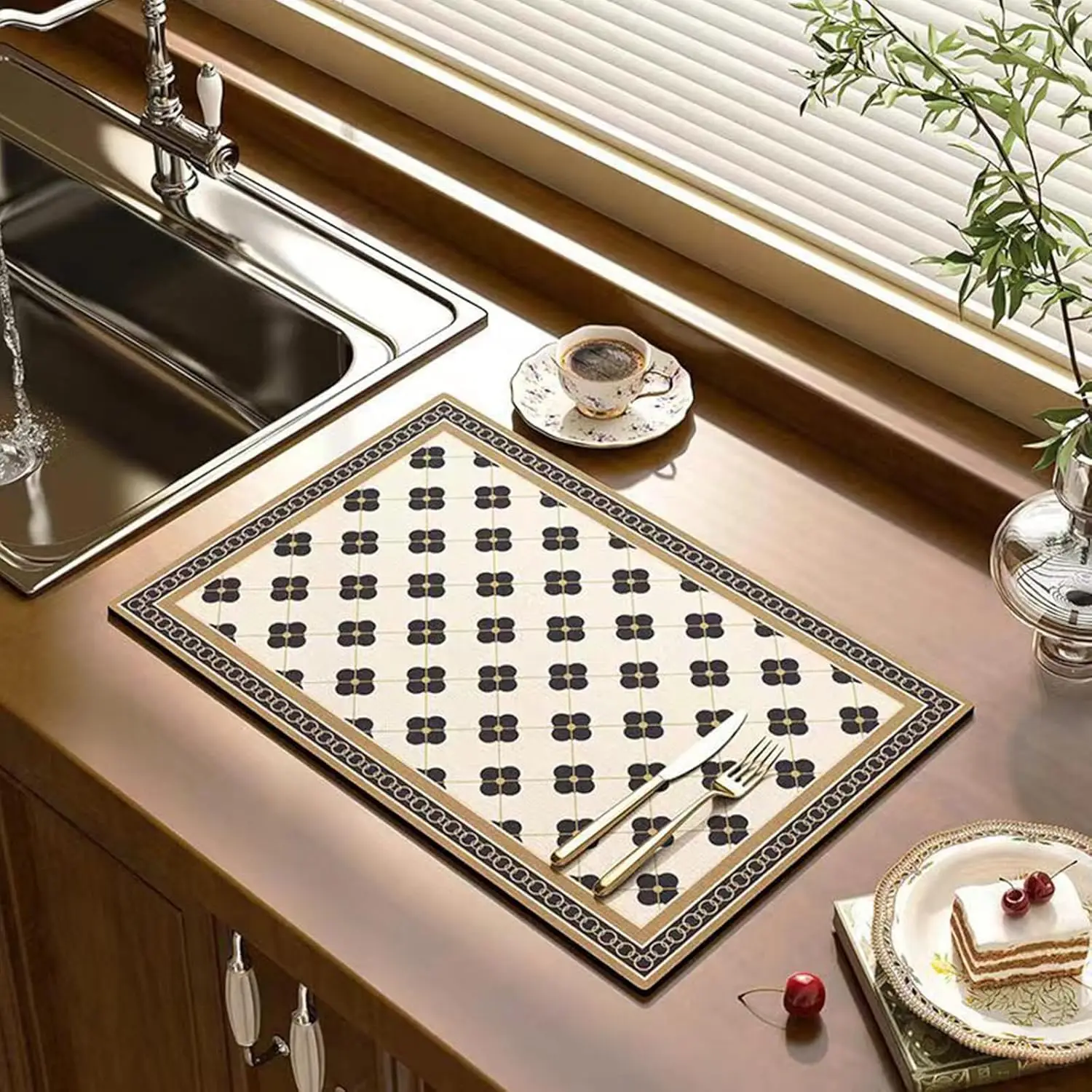 

Dish Drying Mat, Coffee Bar Mats for Countertop, Cabinet Mats | Good water absorption, multiple pattern, anti-slip, easy to clea