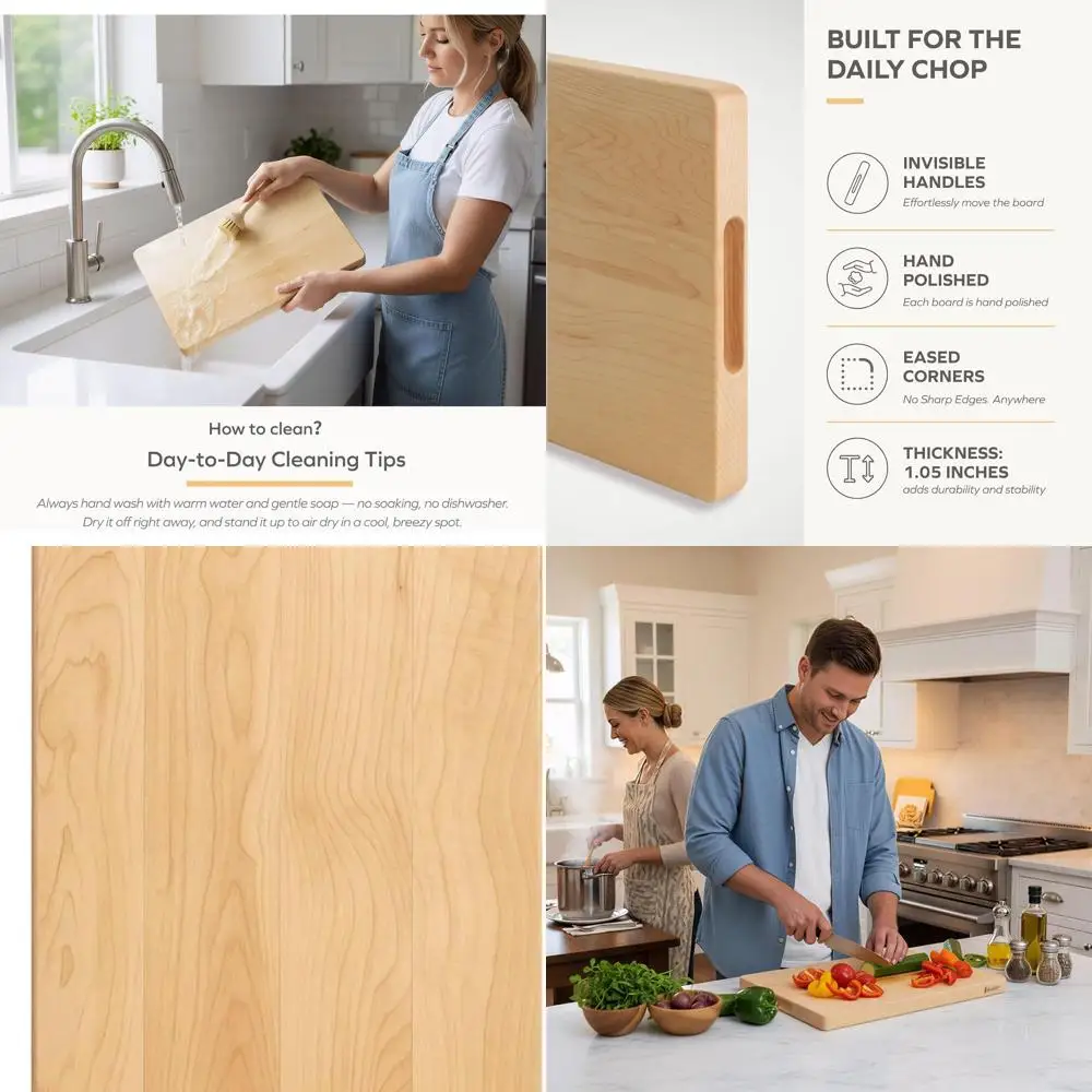 

18x12 Inch Thick Hard Maple Reversible Cutting Board with Hidden Handle and Rounded Corners