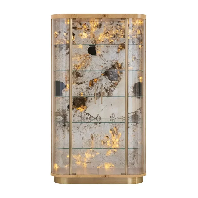 Arc glass wine cabinet villa high-end wall-mounted display cabinet luminous backplate living room storage luxury stone