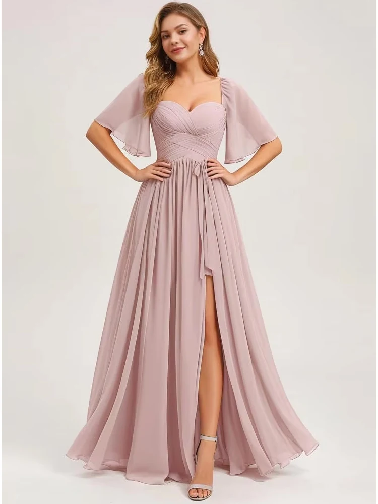 

Butterfly Sleeves Bridesmaid Dresses Pleated Lace Up Wedding Party Dresses Chiffon A-Line V Neck Side Slit Evening Gowns