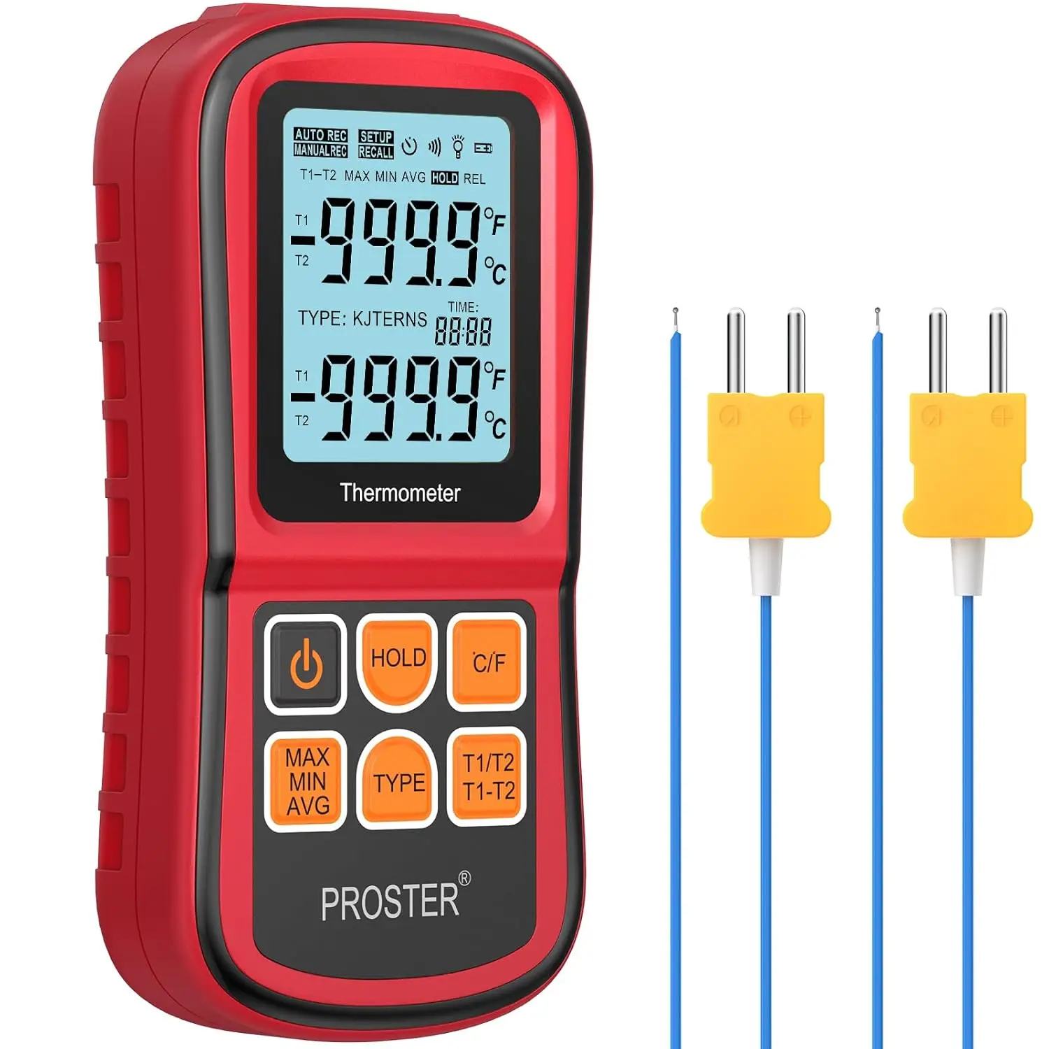 Digital Thermocouple Temperature Thermometer Dual Channel with Two K-Type Thermocouple Probe Backlight LCD for K J T E R S Type