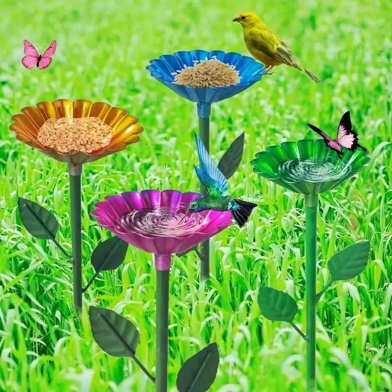 4 Pack Cast Iron Bird Bath Feeder Stake Bee Butterfly Outdoor Garden Backyard Wild Bird Drinking Tray Landscape Decor