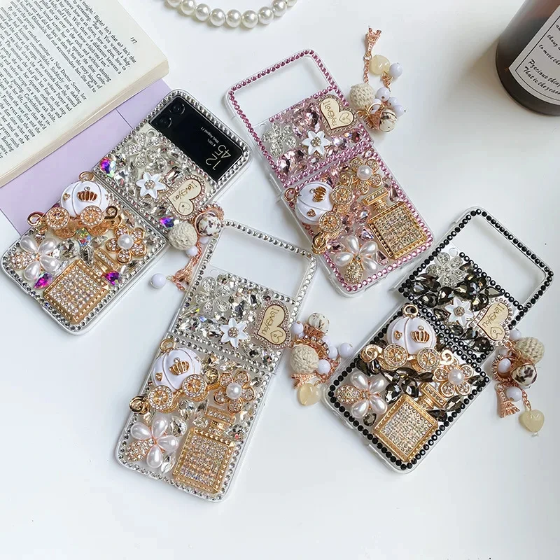 Luxury Rhinestone Pumpkin Cart Phone Case, Clear Cover for Samsung Z Flip 5, 4, 3, Crystal Heart Perfume Bottle, Pearl Flower