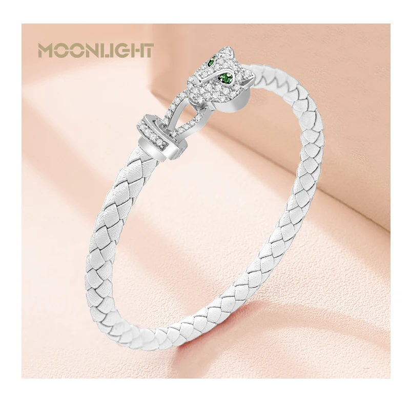 MOONLIGHT Classic Design Exquisite Cheetah Zircon Bracelet for Women Braided Leather Bracelet Quality Banquet Couples Gift