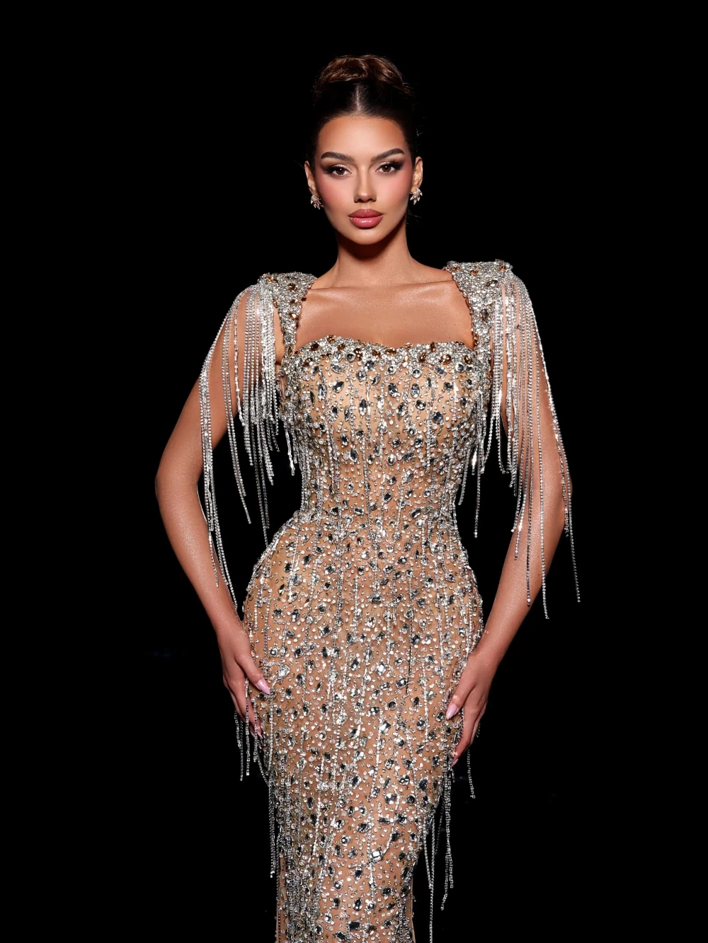 الوهم مطرز كريستال فستان سهرة طويل مع شرابة مثير عارية الذراعين ثوب حفل زفاف مخصص أنيقة حورية البحر فساتين حفلة موسيقية