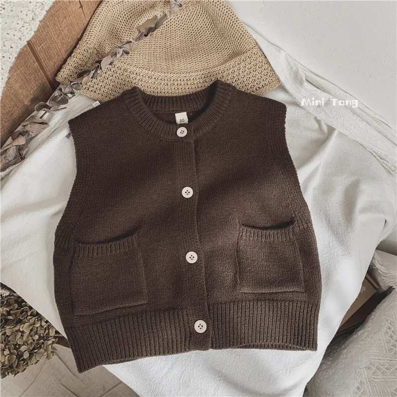 Simple Children\'s Clothing Kids Knitted Vest Solid Versatile Girls Sweater Spring and Autumn Boys Clothes Pocket Vest Cardigan