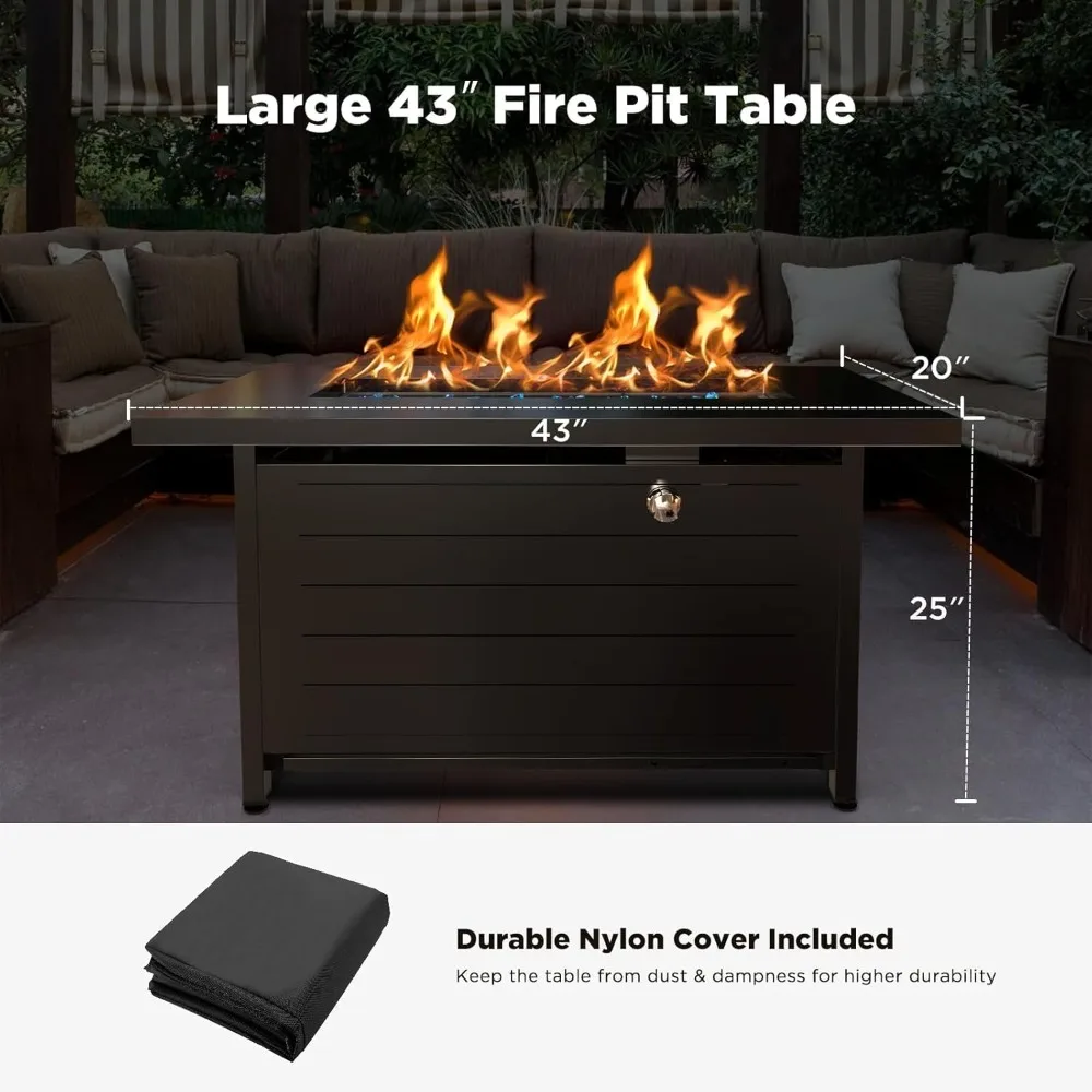 43″ Fire Pit Table with Cup Holders, Hanging Shelf & Nylon Cover, Glass Beads & Lid, 60,000 BTU, Propane Fire Pit Table