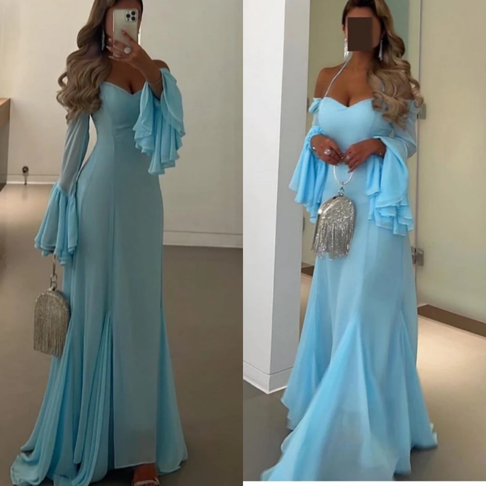 Robe de soirée sirène en mousseline de soie, col en v, manches longues, personnalisée, manches évasées, robes de soirée, robes d'occasion spéciale