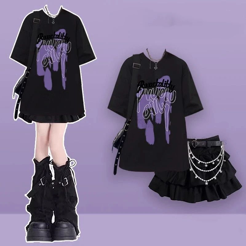 

2025 Summer Women Punk Cool Black Print Letter T Shirts Ball Gown Skirts 1 or Two Piece Set Lady Suits Streetwear Outfits Female