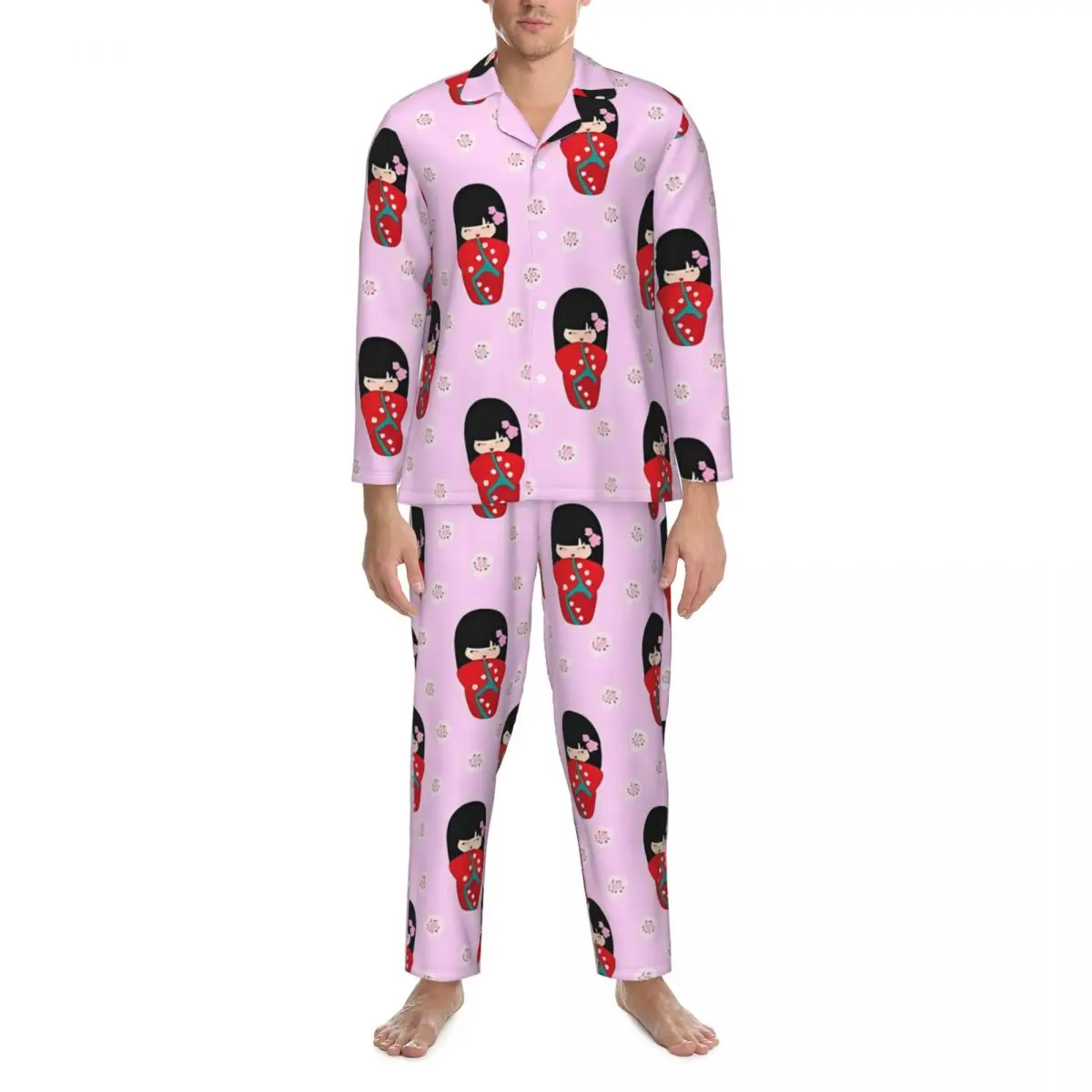 Ensembles de pyjama de poupées japonaises Warrieshi, vêtements de nuit à la mode pour couple, manches longues, décontracté, loisirs, maison trempée, grande taille, 2 pièces, rouge, 2XL