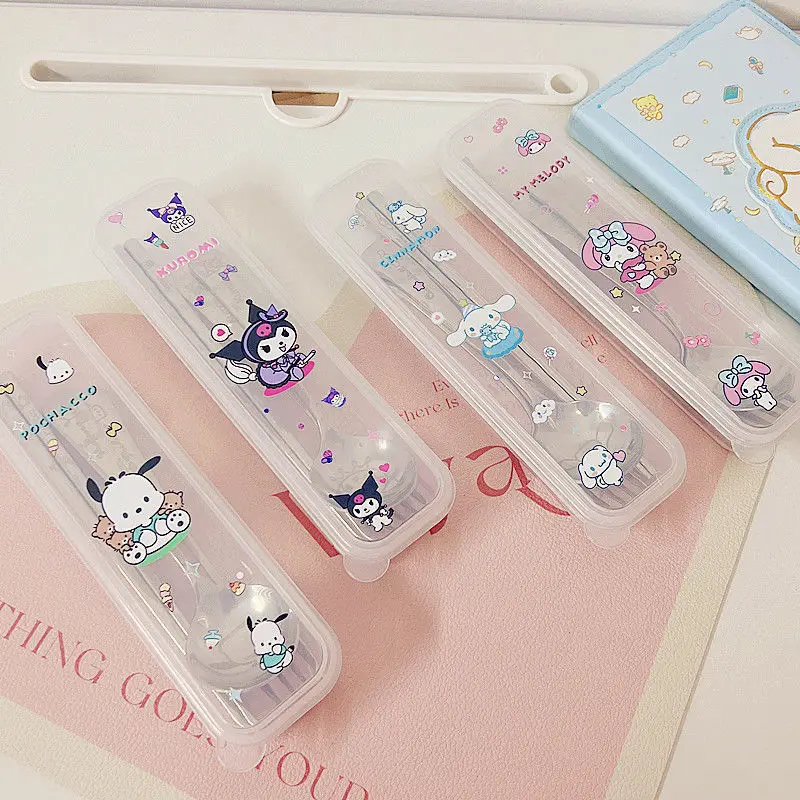 

New Cute Sanrio Tableware Set Cartoon Anime Kuromi Cinnamoroll Student Spoon Fork Chopsticks Stainless Steel Toys Girls Gifts