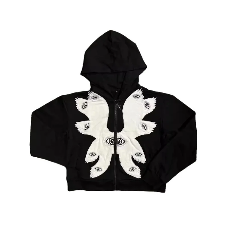 Devil Eye Embroidery Cardigan Hoodie Men Women Y2K Gothic Hoodies for Man Black