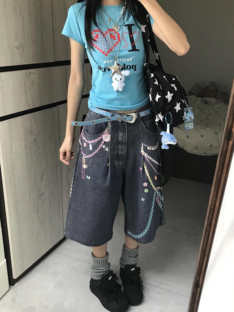 تي شيرت نسائي بأكمام قصيرة وطباعة قلوب على الطراز الأمريكي، تصميم صيفي جديد نحيف وجذاب بطول الكتف وياقة مستديرة يمنح شعورًا ب...