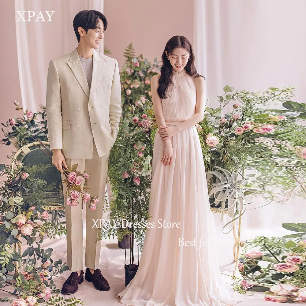 

XPAY Simple Elegant Korea Wedding Dresses High Collar Sleeveless A-line Draped Sweep Train Photo Shoot Bridal Gown Custom Made