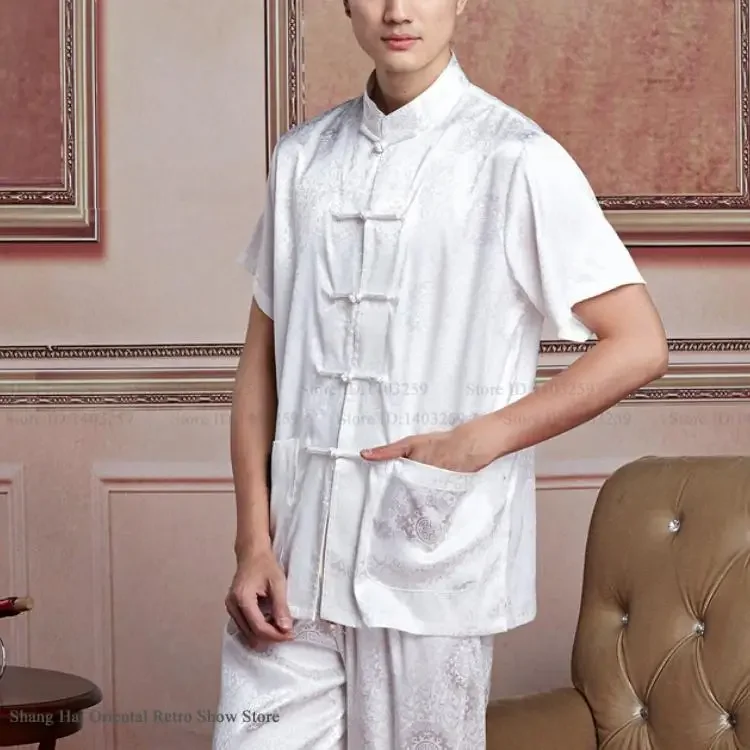 الجليد الحرير الجاكار الكونغ فو الزي تاي تشي موحدة حجم كبير الملابس الصينية التقليدية الرجال تانغ دعوى فضفاض صالة ارتداء Homewear