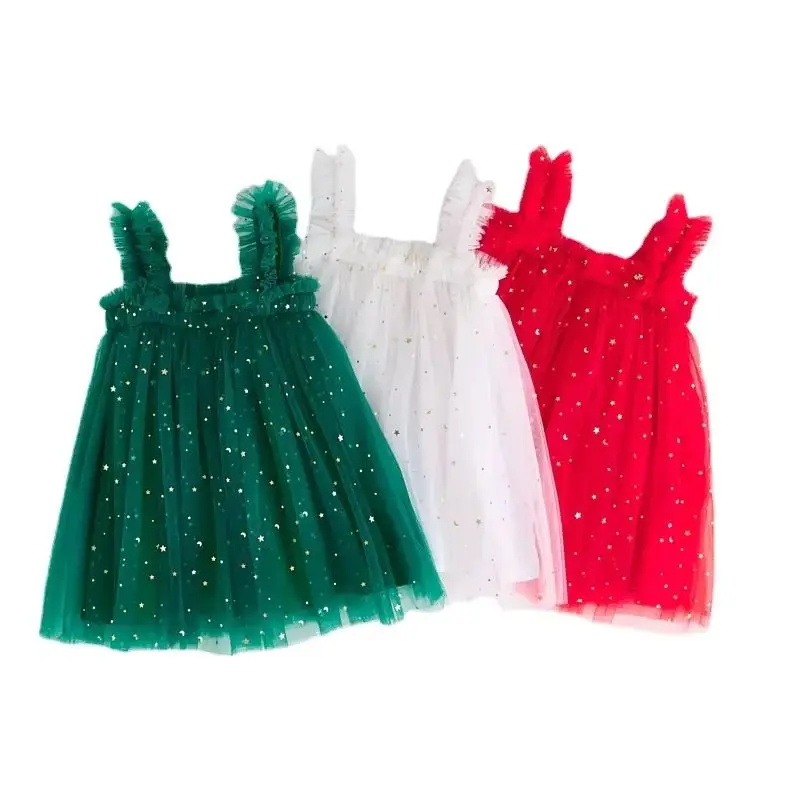 

2024 Cute Christmas Girls Tulle Princess Sling Dress Toddler Stars Sequin Puffy Dress Children Xmas Day Festivel Party Dresses
