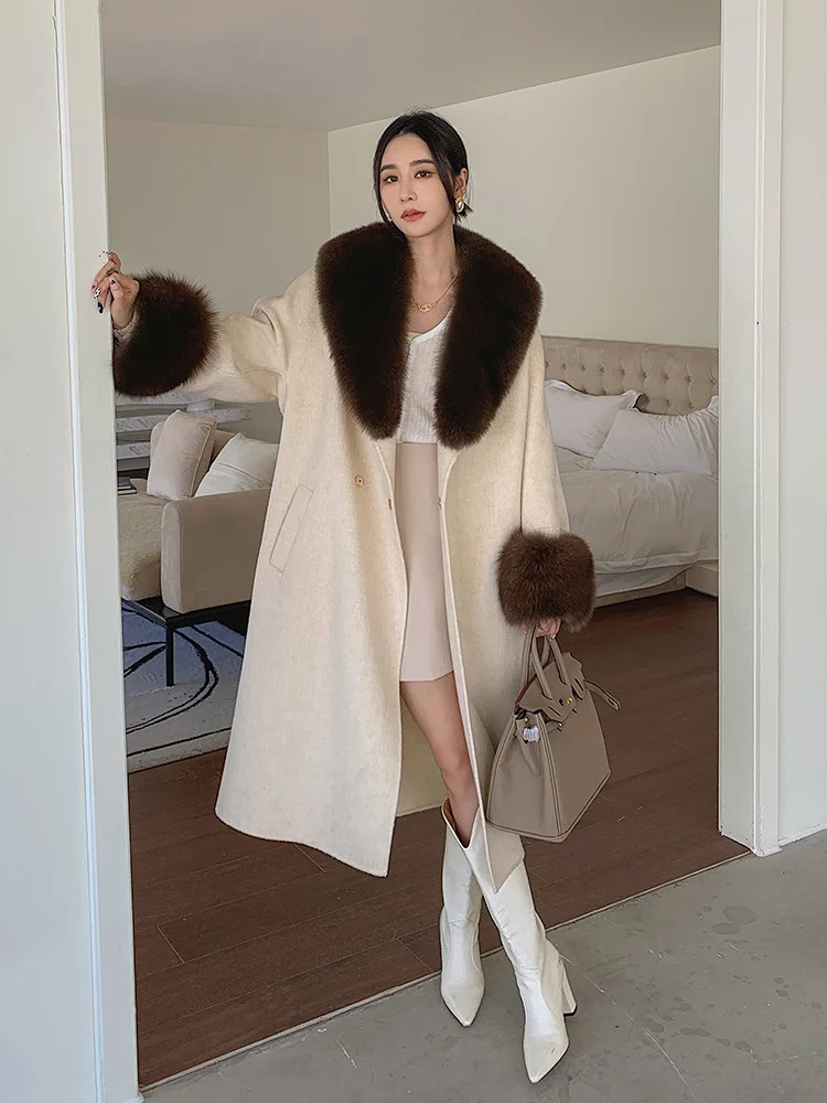 

2023 Woolen fur, New Oversize Loose Cashmere Wool Blends Real Fur Coat Winter Jacket Women Natural Fox Fur Collar Cuff Long Oute