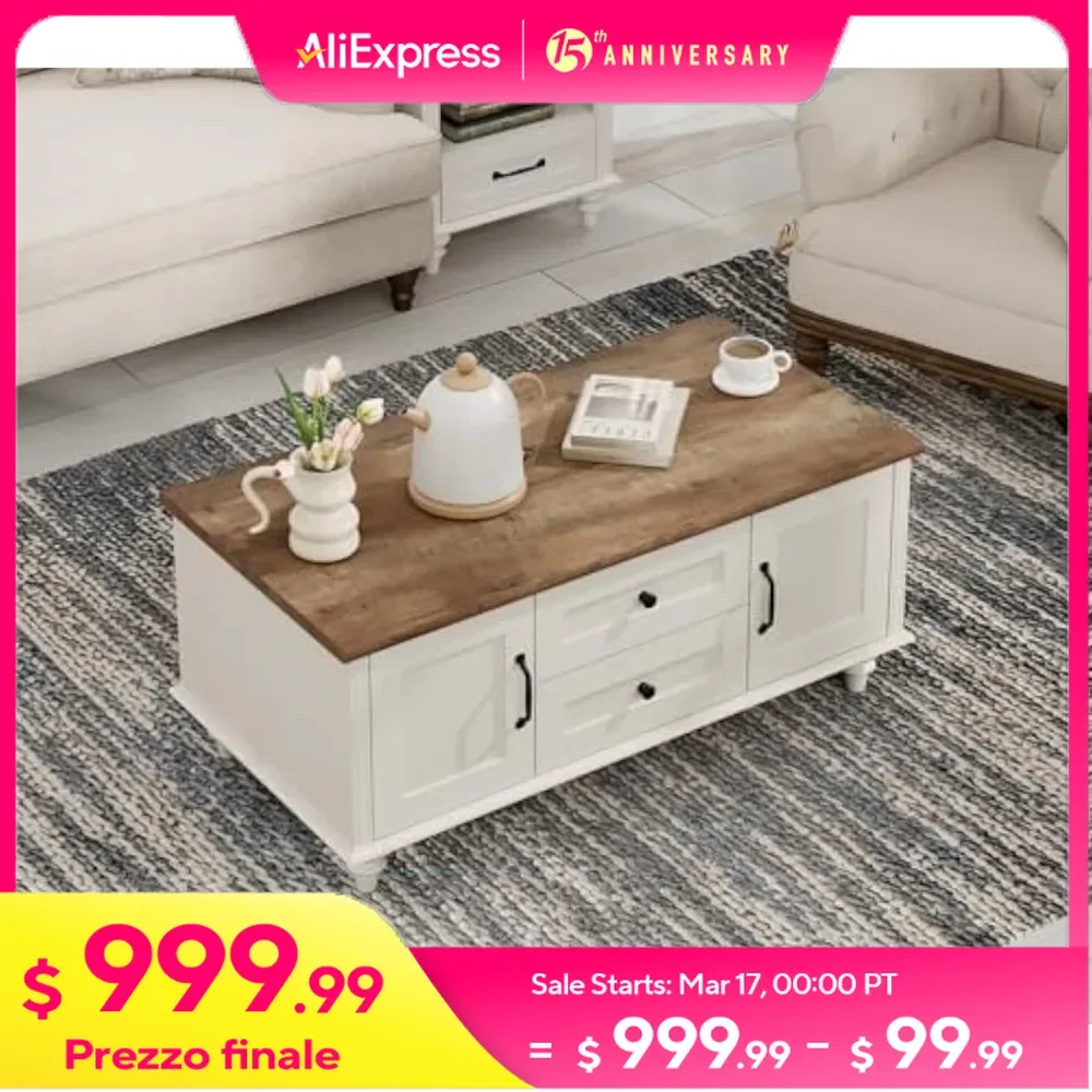 Coffee Table with Drawers & Storage Cabinet, Modern Rectangle Center Tables for Living Room, Rustic Wooden Coffee Table